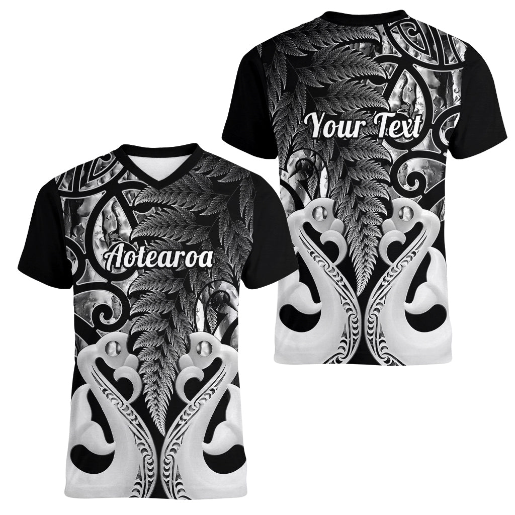 Personalised New Zealand Women V Neck T Shirt Te Manaia Mangopare Maori And Fern Black Style - Wonder Print Shop
