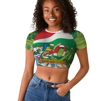 Seychelles National Day Personalized Raglan Cropped T shirt 50 Years Anniversary Lendepandans Sesel