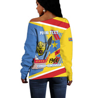 DR Congo Independence Day Personalized Off Shoulder Sweater Congo-Kinshasa Coat Of Arms Style