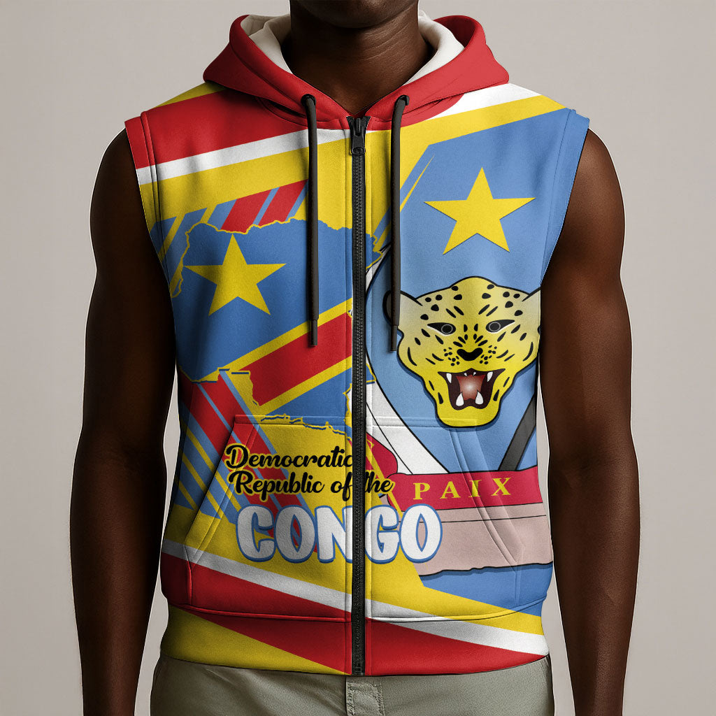 DR Congo Independence Day Personalized Sleeveless Zip Hoodie Congo-Kinshasa Coat Of Arms Style