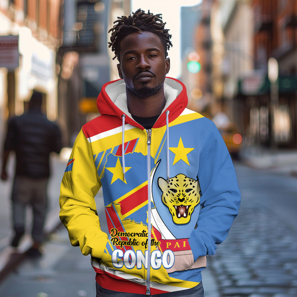 DR Congo Independence Day Personalized Zip Hoodie Congo-Kinshasa Coat Of Arms Style
