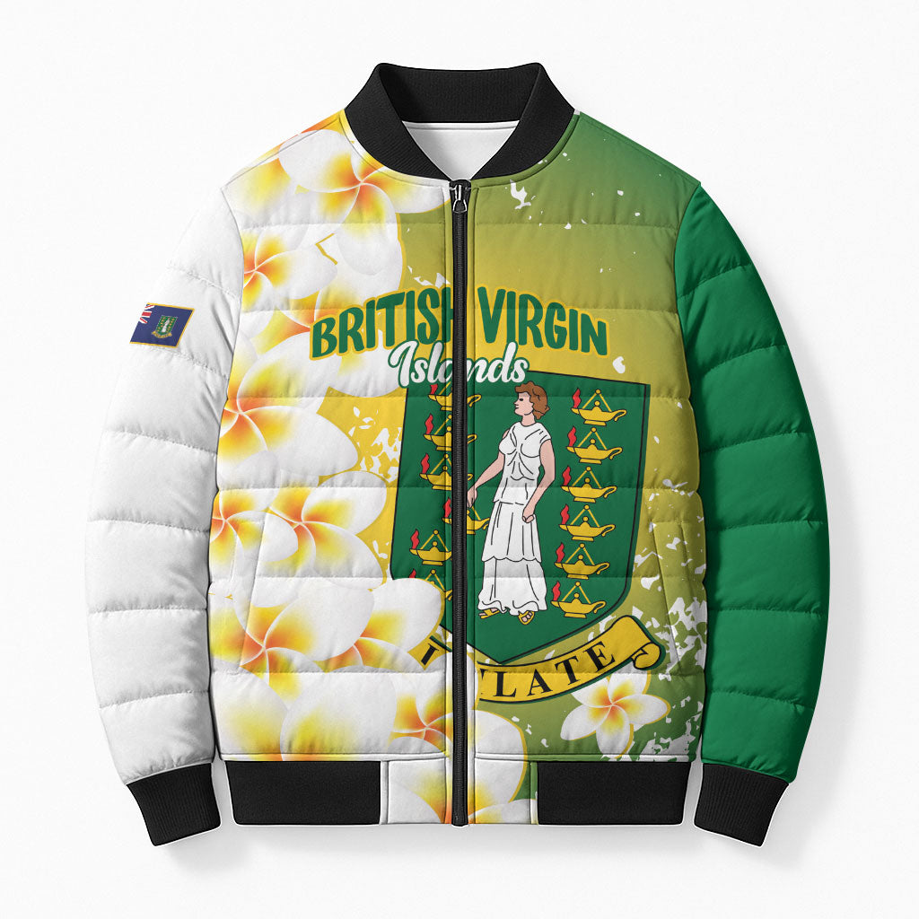 British Virgin Islands Day Personalised Bomber Puffer Jacket Vigilate Plumeria Alba Coat Of Arms