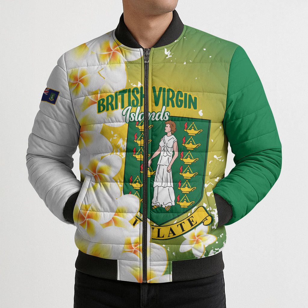 British Virgin Islands Day Personalised Bomber Puffer Jacket Vigilate Plumeria Alba Coat Of Arms