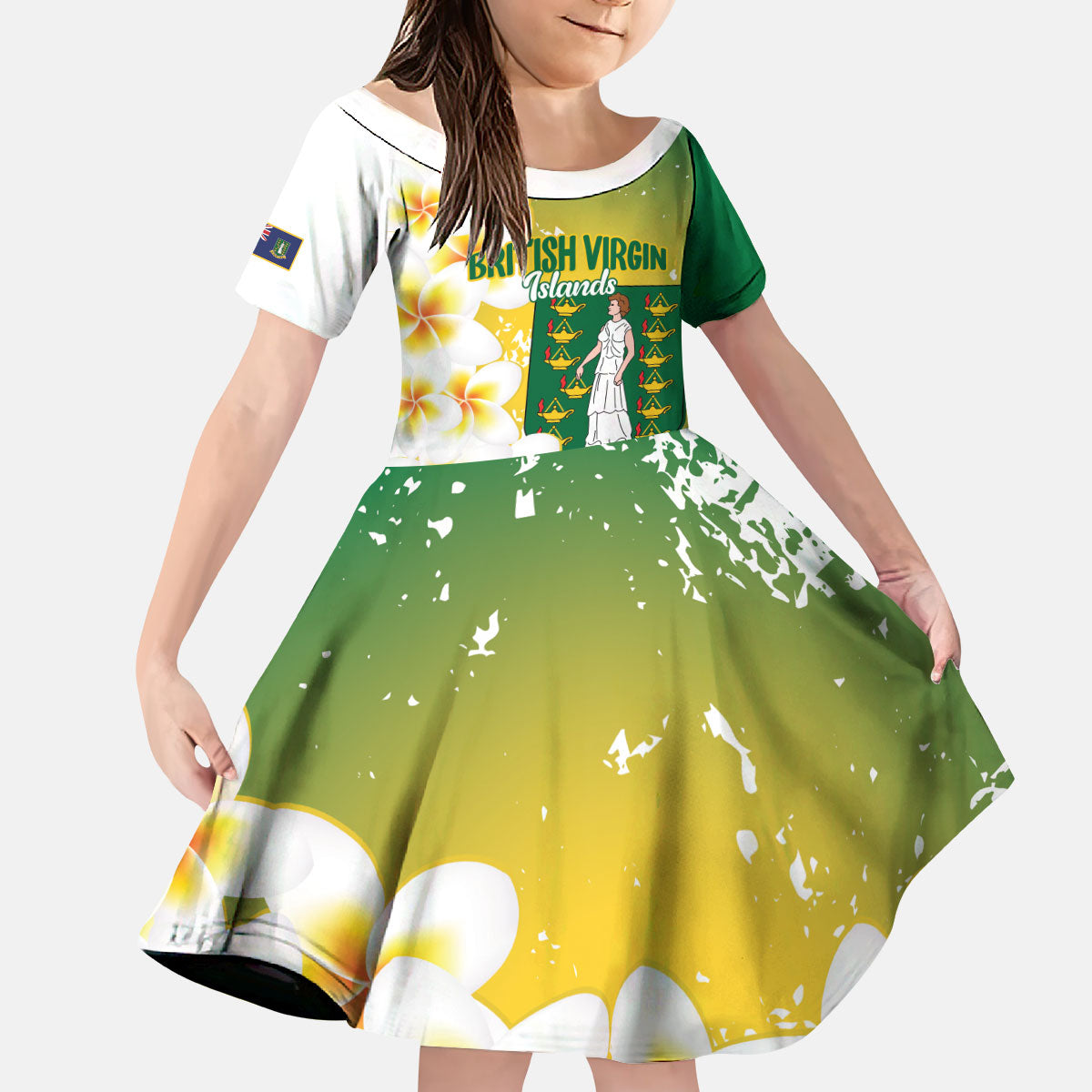 British Virgin Islands Day Personalised Kid Short Sleeve Dress Vigilate Plumeria Alba Coat Of Arms