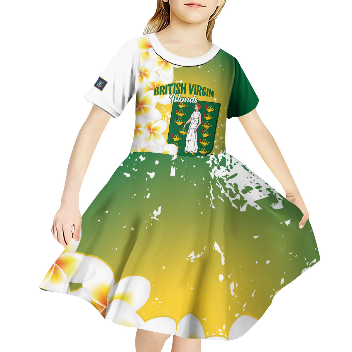 British Virgin Islands Day Personalised Kid Short Sleeve Dress Vigilate Plumeria Alba Coat Of Arms