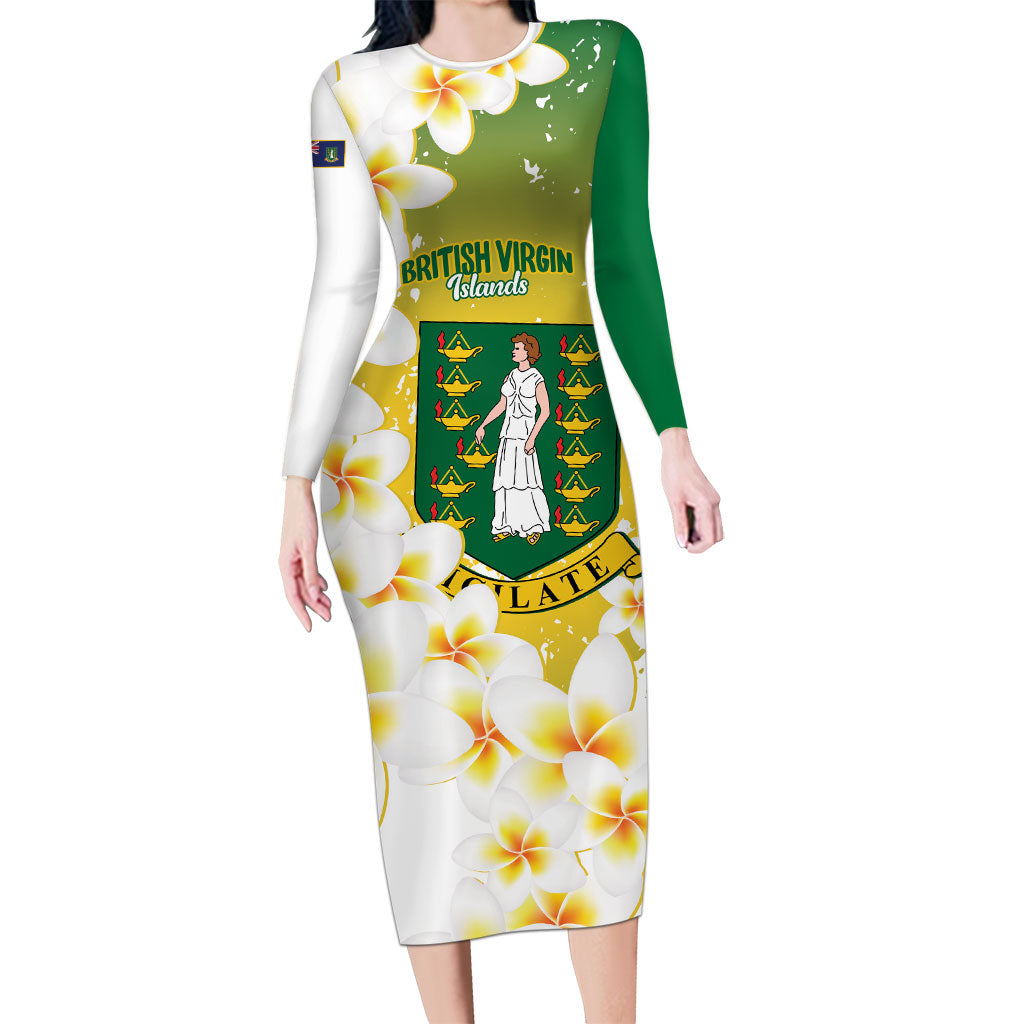 British Virgin Islands Day Personalised Long Sleeve Bodycon Dress Vigilate Plumeria Alba Coat Of Arms