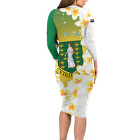 British Virgin Islands Day Personalised Long Sleeve Bodycon Dress Vigilate Plumeria Alba Coat Of Arms
