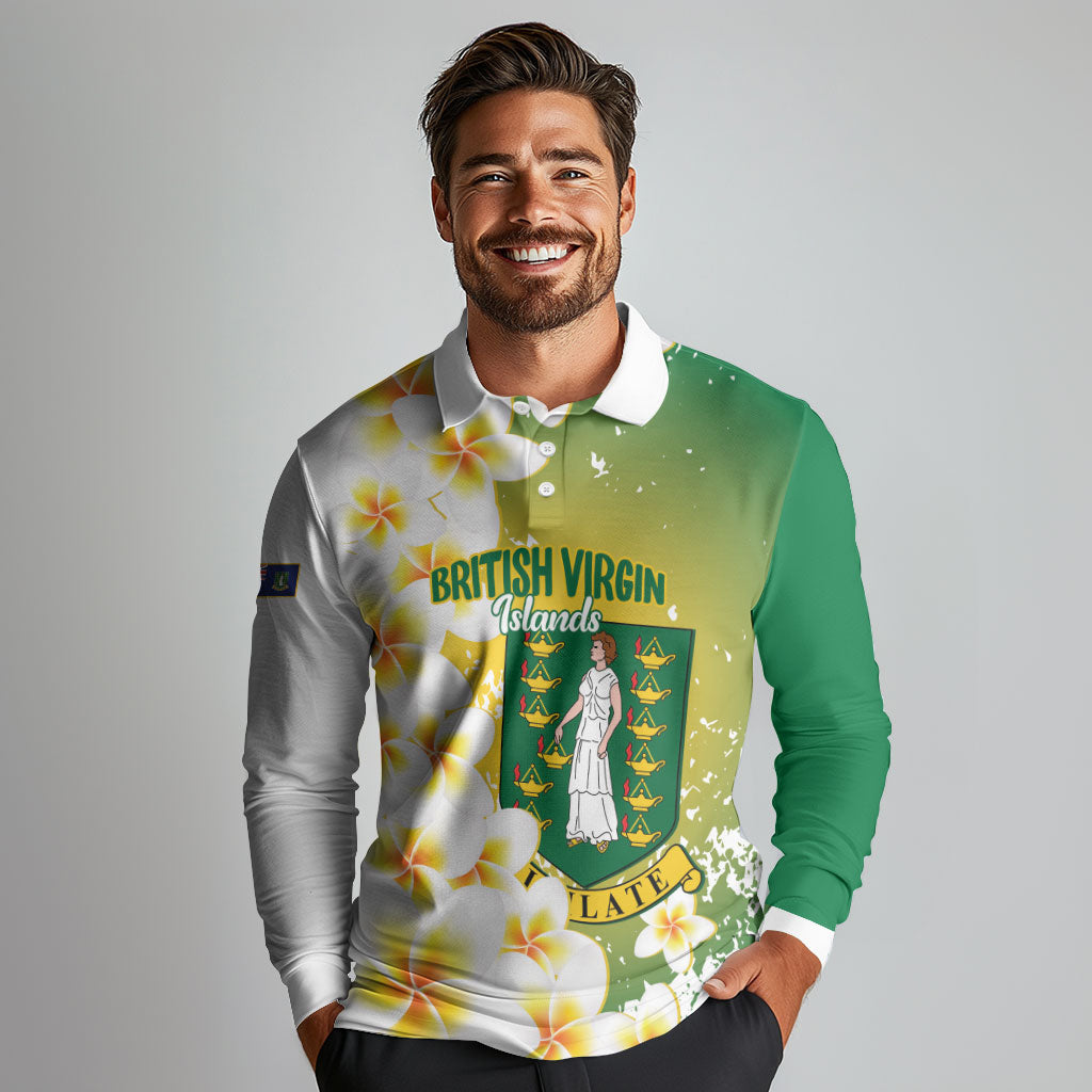 British Virgin Islands Day Personalised Long Sleeve Polo Shirt Vigilate Plumeria Alba Coat Of Arms