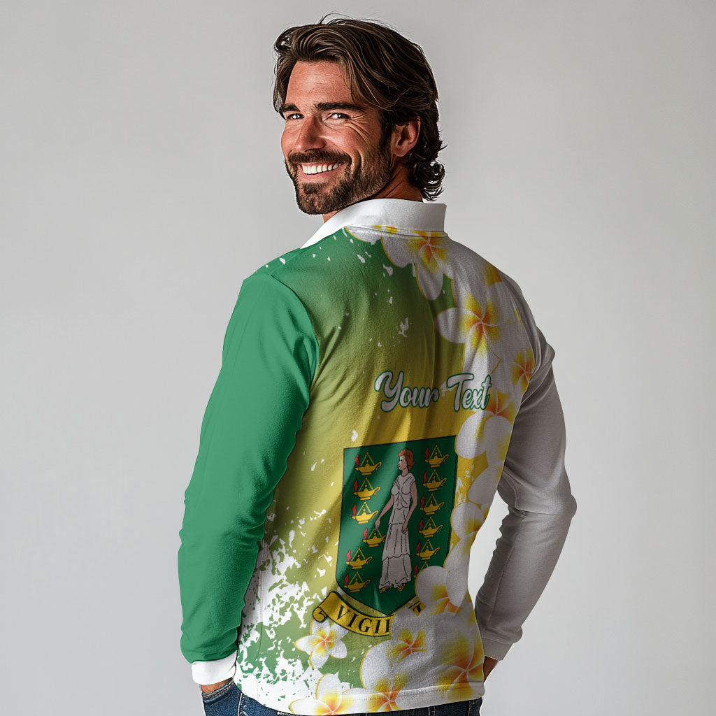 British Virgin Islands Day Personalised Long Sleeve Polo Shirt Vigilate Plumeria Alba Coat Of Arms