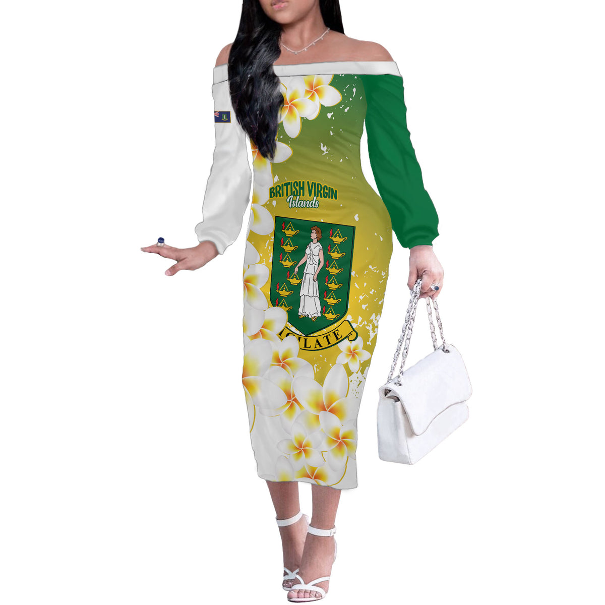 British Virgin Islands Day Personalised Off The Shoulder Long Sleeve Dress Vigilate Plumeria Alba Coat Of Arms