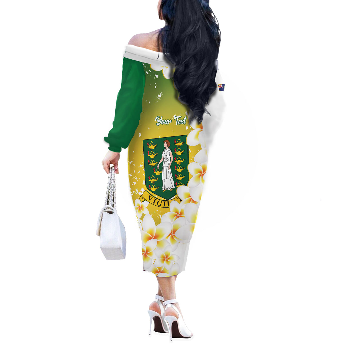 British Virgin Islands Day Personalised Off The Shoulder Long Sleeve Dress Vigilate Plumeria Alba Coat Of Arms