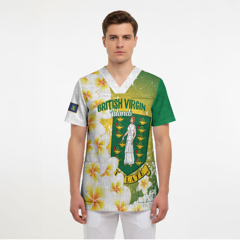 British Virgin Islands Day Personalised Scrub Top Vigilate Plumeria Alba Coat Of Arms
