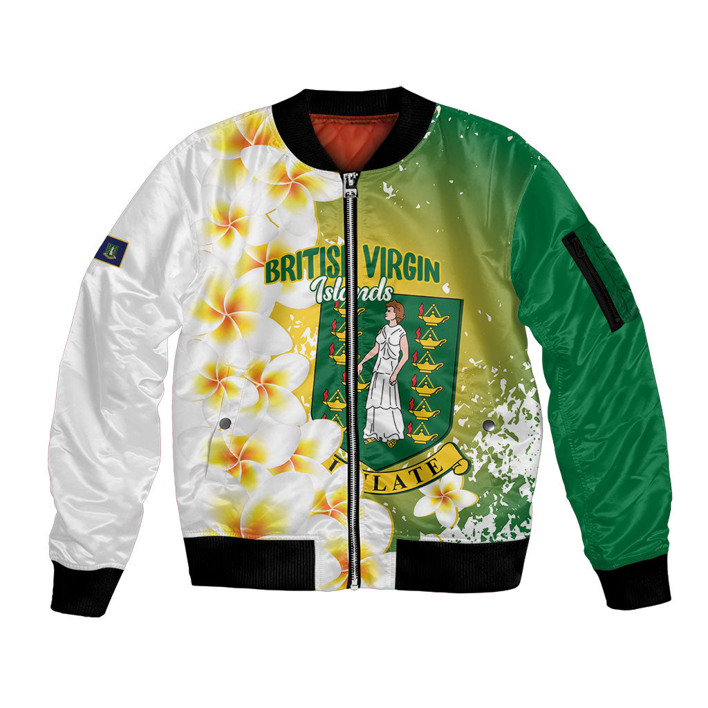 British Virgin Islands Day Personalised Sleeve Zip Bomber Jacket Vigilate Plumeria Alba Coat Of Arms