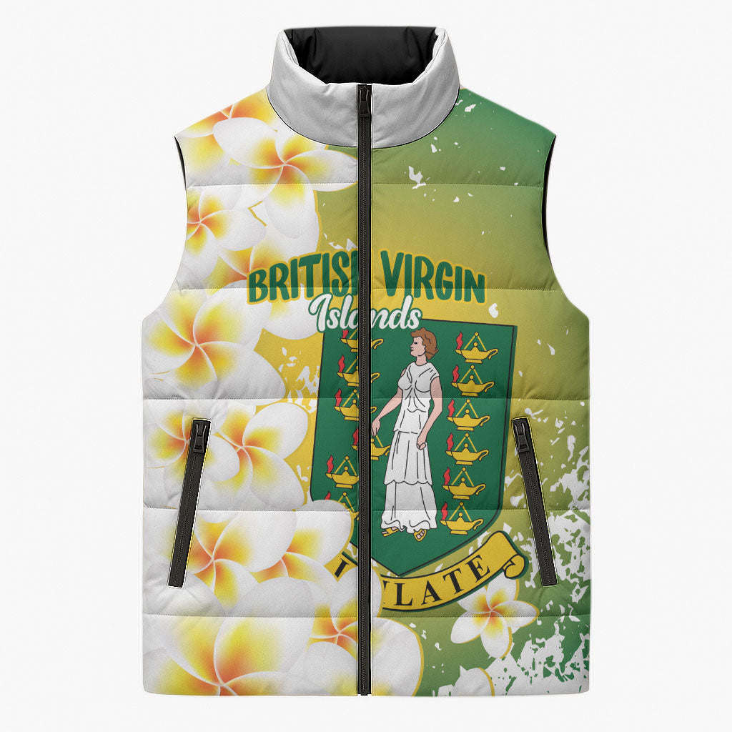 British Virgin Islands Day Personalised Sleeveless Puffer Jacket Vigilate Plumeria Alba Coat Of Arms