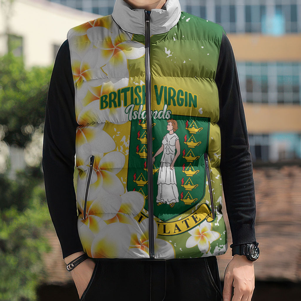 British Virgin Islands Day Personalised Sleeveless Puffer Jacket Vigilate Plumeria Alba Coat Of Arms
