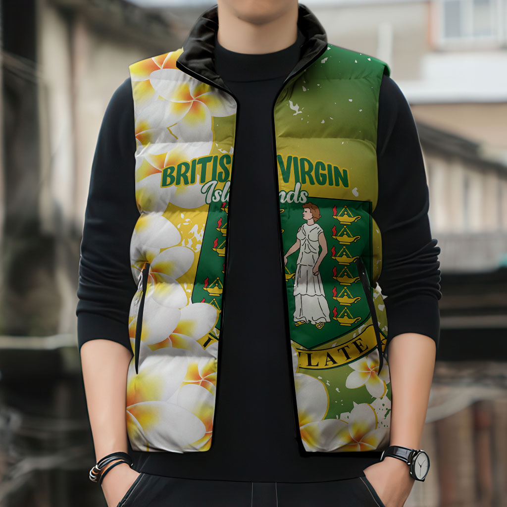 British Virgin Islands Day Personalised Sleeveless Puffer Jacket Vigilate Plumeria Alba Coat Of Arms