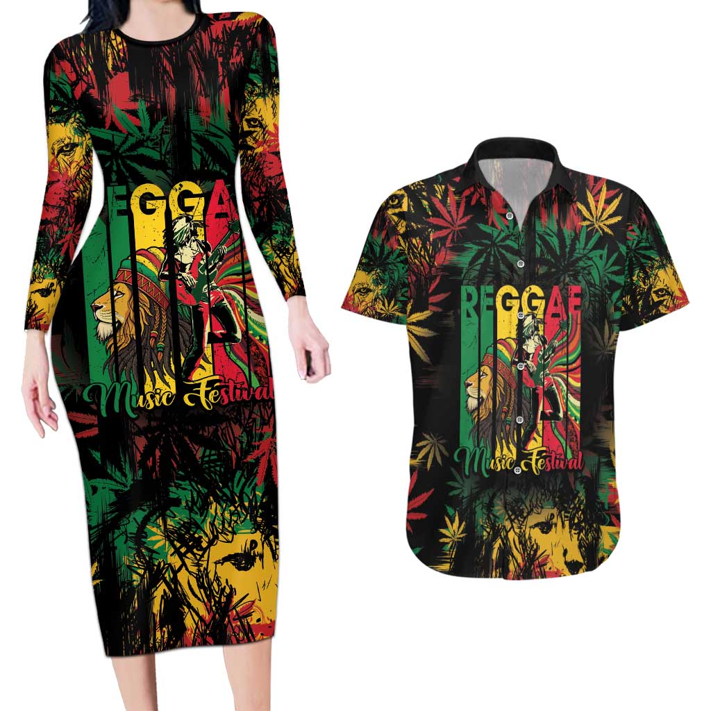 Jamaica Reggae Festival Couples Matching Long Sleeve Bodycon Dress and Hawaiian Shirt One Love Rastafari Culture - Wonder Print Shop