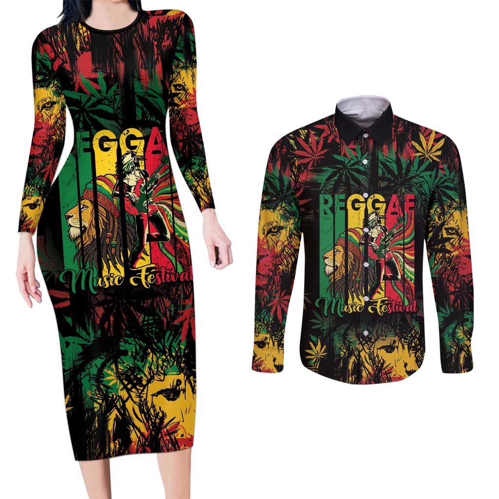 Jamaica Reggae Festival Couples Matching Long Sleeve Bodycon Dress and Long Sleeve Button Shirt One Love Rastafari Culture - Wonder Print Shop