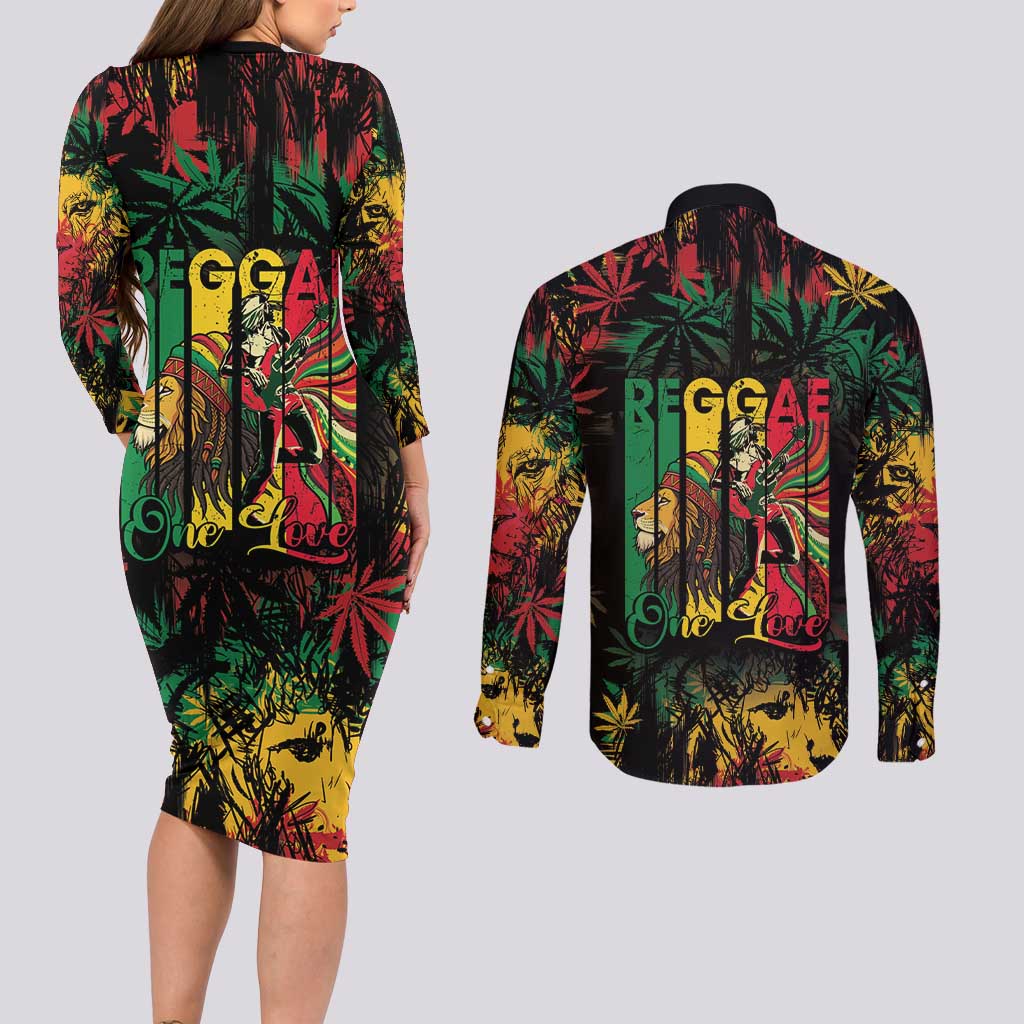 Jamaica Reggae Festival Couples Matching Long Sleeve Bodycon Dress and Long Sleeve Button Shirt One Love Rastafari Culture - Wonder Print Shop