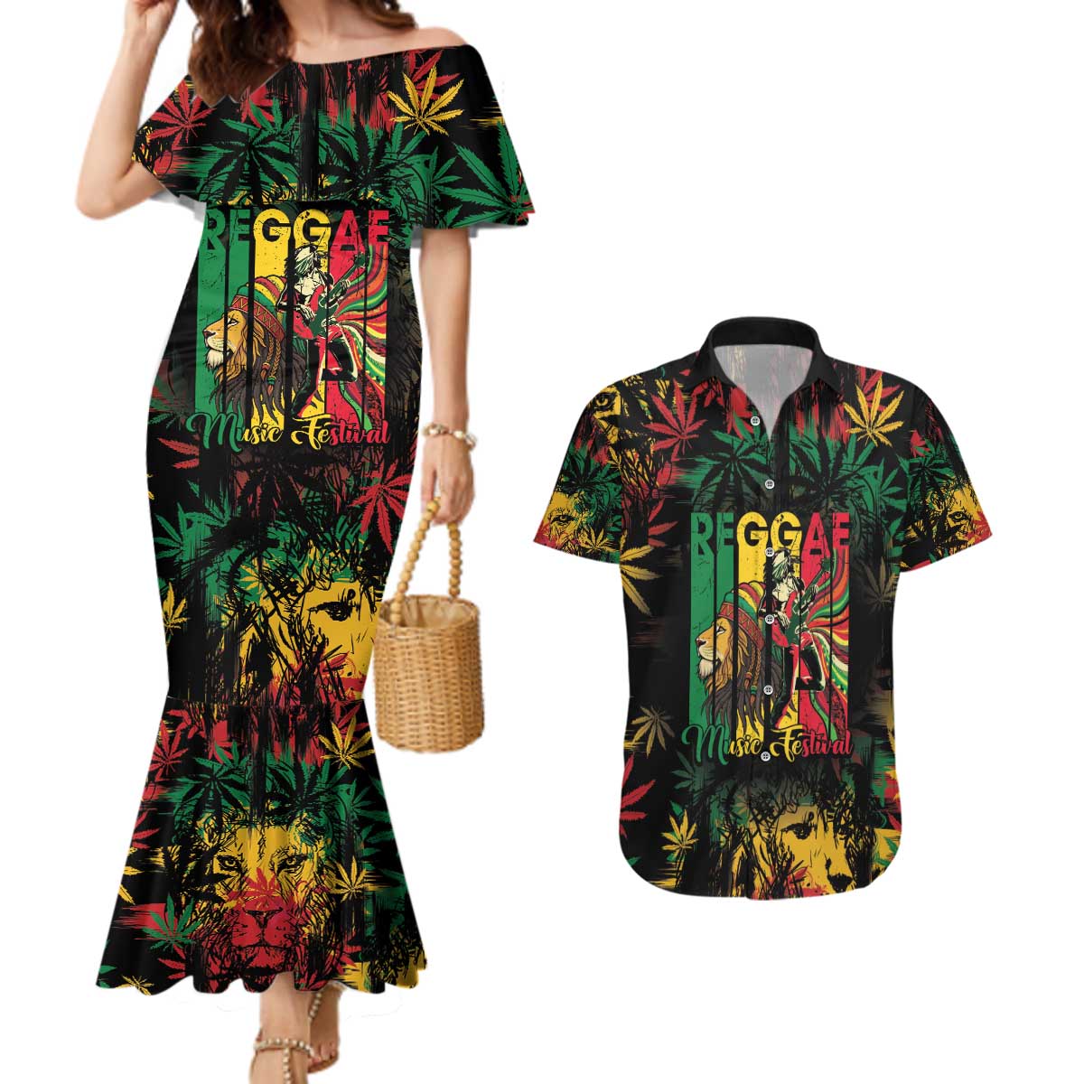 Jamaica Reggae Festival Couples Matching Mermaid Dress and Hawaiian Shirt One Love Rastafari Culture - Wonder Print Shop