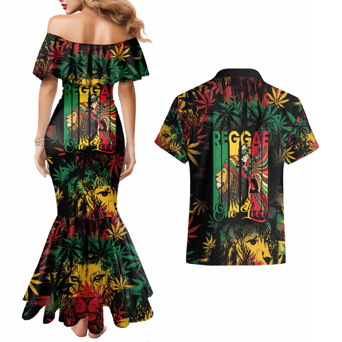 Jamaica Reggae Festival Couples Matching Mermaid Dress and Hawaiian Shirt One Love Rastafari Culture - Wonder Print Shop