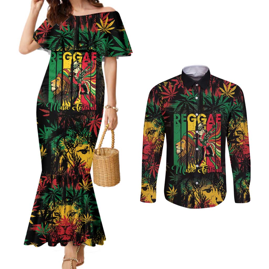 Jamaica Reggae Festival Couples Matching Mermaid Dress and Long Sleeve Button Shirt One Love Rastafari Culture - Wonder Print Shop