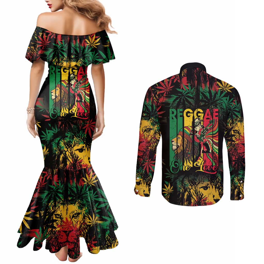 Jamaica Reggae Festival Couples Matching Mermaid Dress and Long Sleeve Button Shirt One Love Rastafari Culture - Wonder Print Shop
