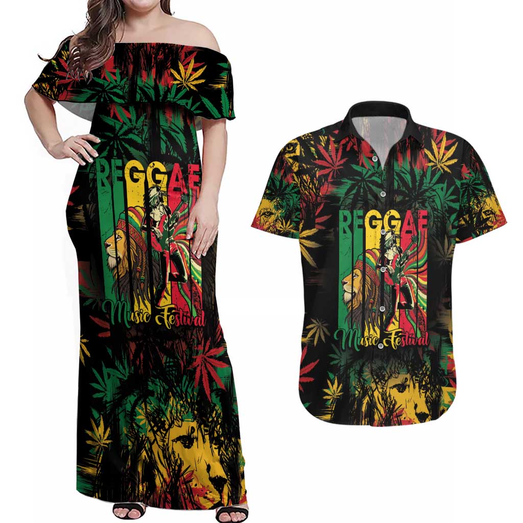 Jamaica Reggae Festival Couples Matching Off Shoulder Maxi Dress and Hawaiian Shirt One Love Rastafari Culture - Wonder Print Shop