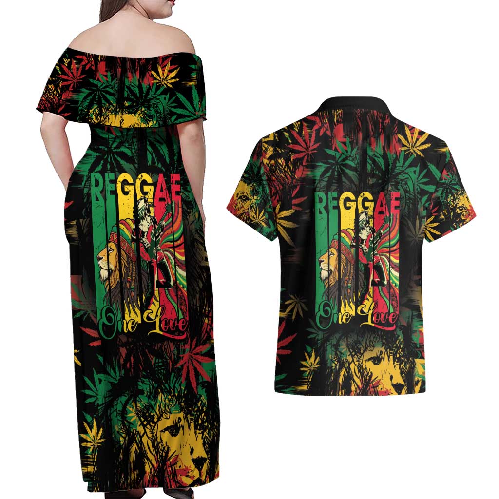Jamaica Reggae Festival Couples Matching Off Shoulder Maxi Dress and Hawaiian Shirt One Love Rastafari Culture - Wonder Print Shop