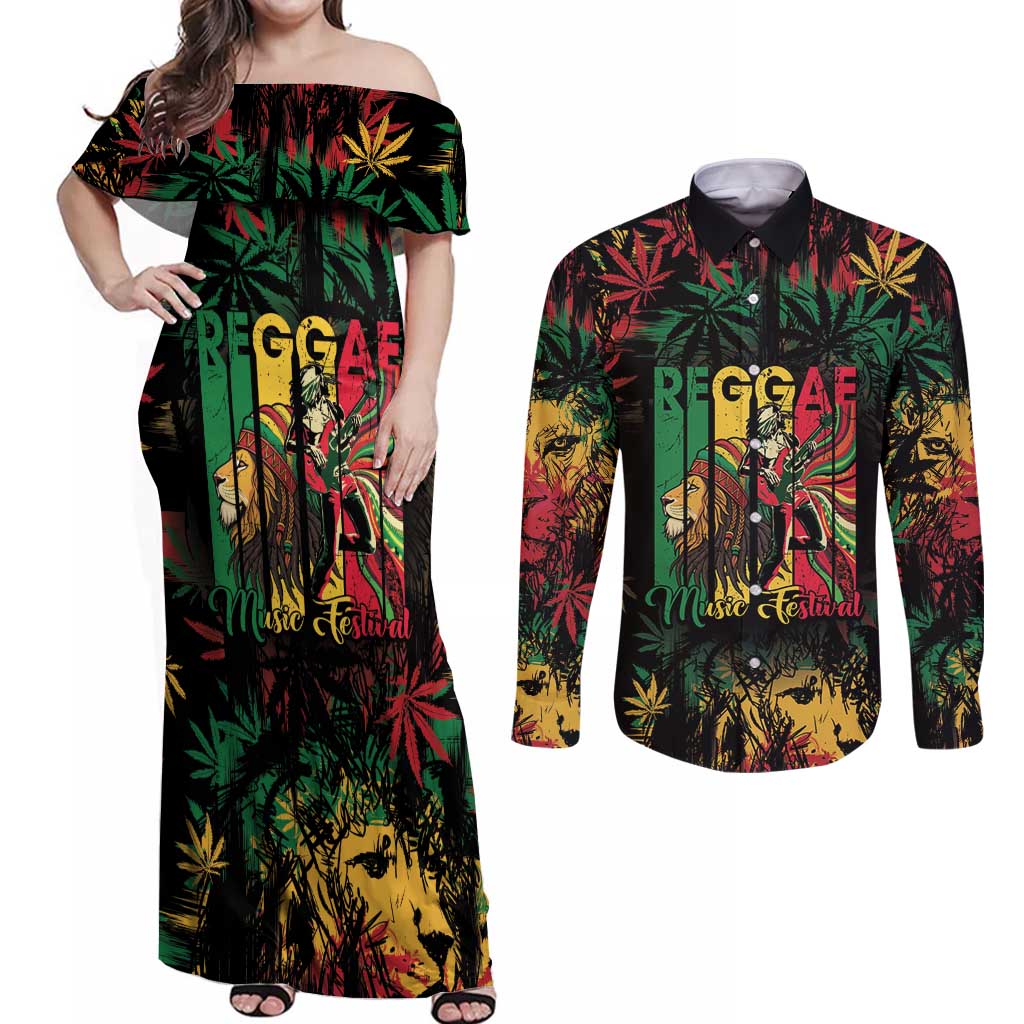 Jamaica Reggae Festival Couples Matching Off Shoulder Maxi Dress and Long Sleeve Button Shirt One Love Rastafari Culture - Wonder Print Shop