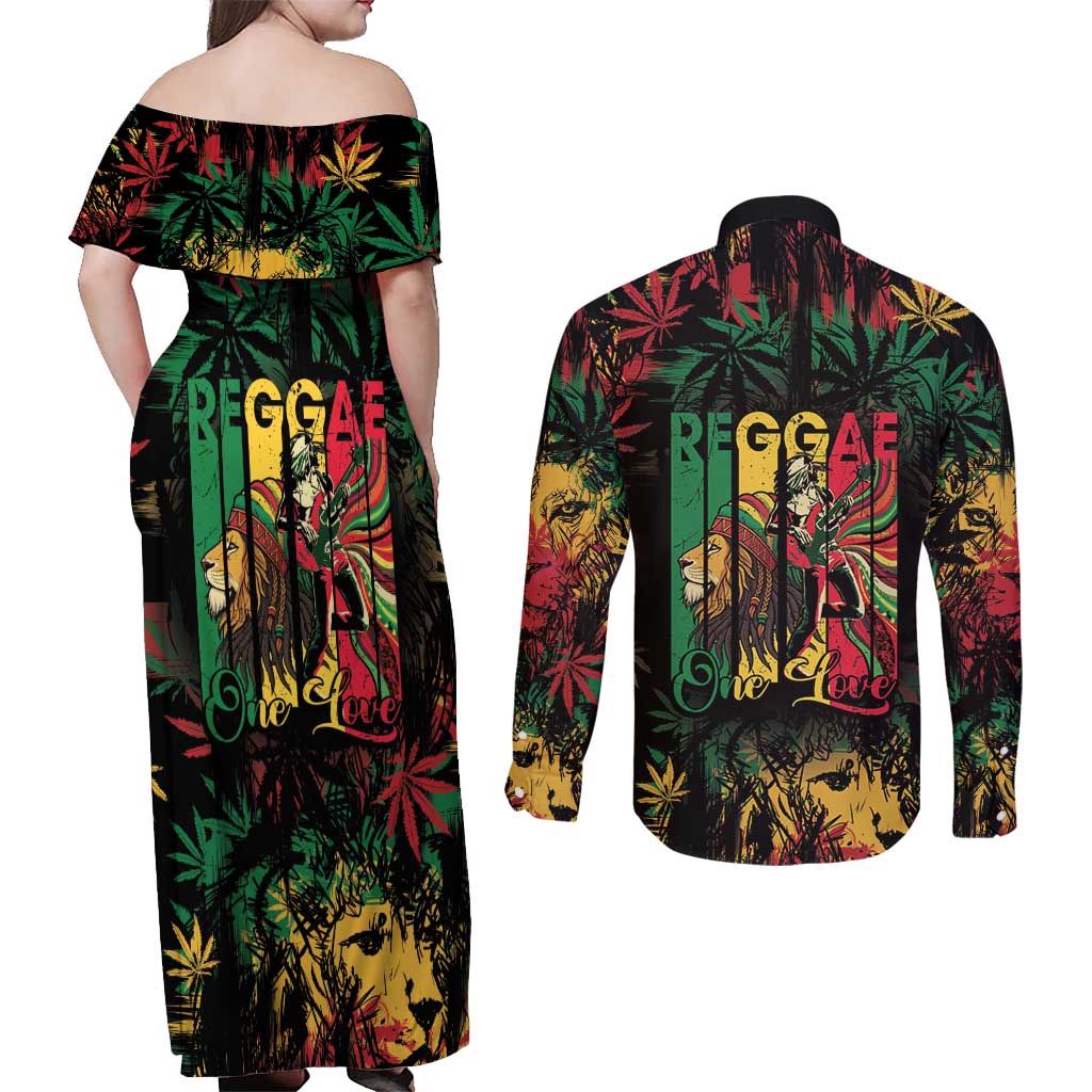 Jamaica Reggae Festival Couples Matching Off Shoulder Maxi Dress and Long Sleeve Button Shirt One Love Rastafari Culture - Wonder Print Shop