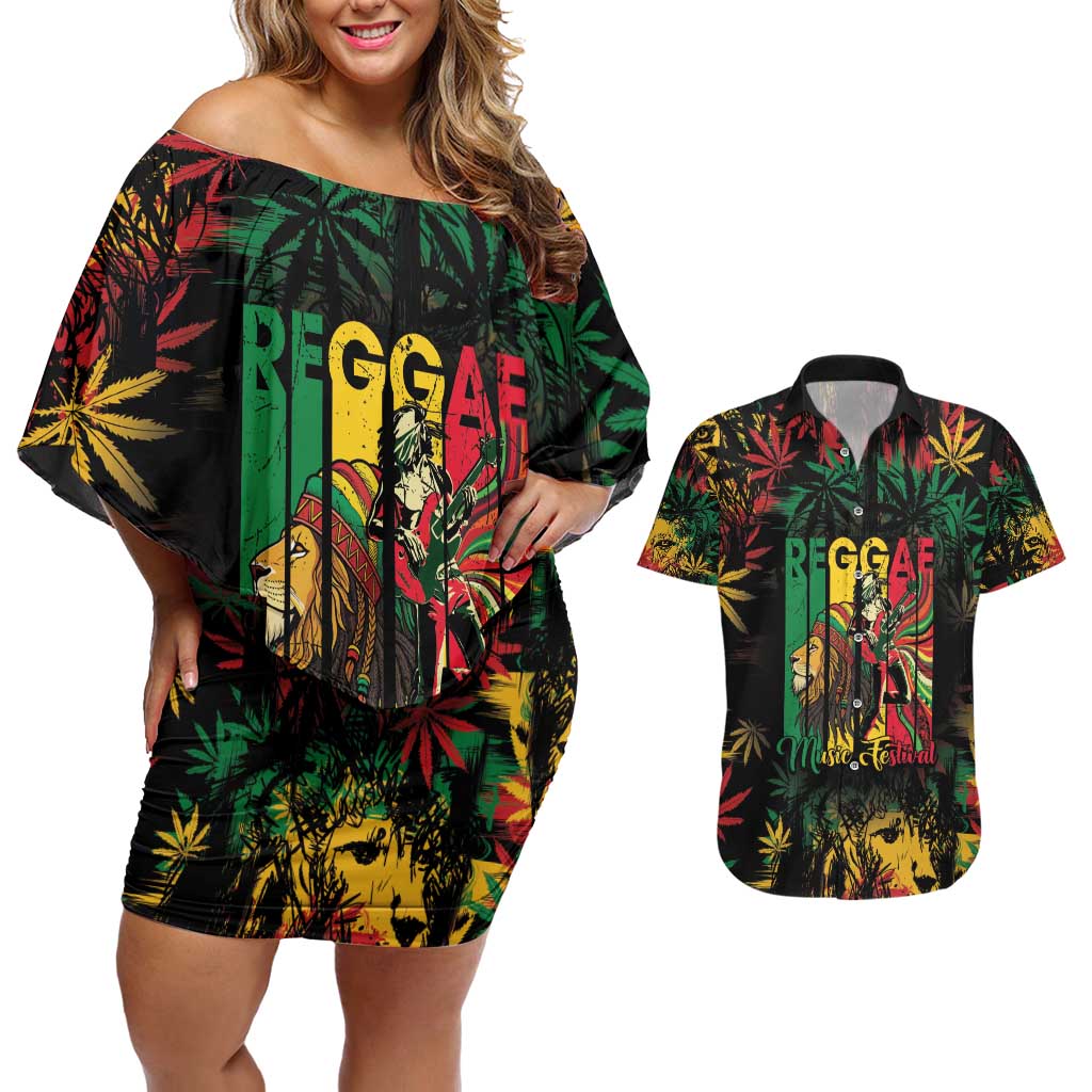 Jamaica Reggae Festival Couples Matching Off Shoulder Short Dress and Hawaiian Shirt One Love Rastafari Culture - Wonder Print Shop