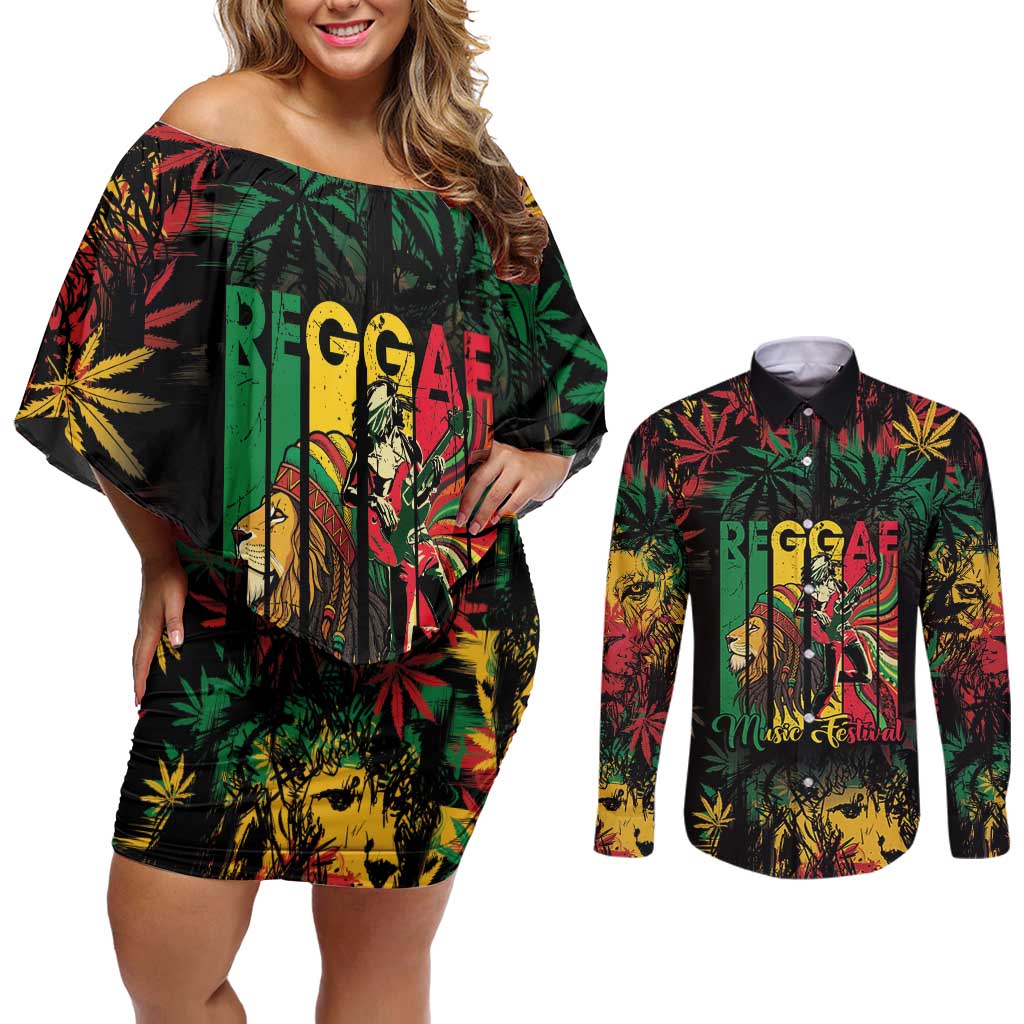 Jamaica Reggae Festival Couples Matching Off Shoulder Short Dress and Long Sleeve Button Shirt One Love Rastafari Culture - Wonder Print Shop