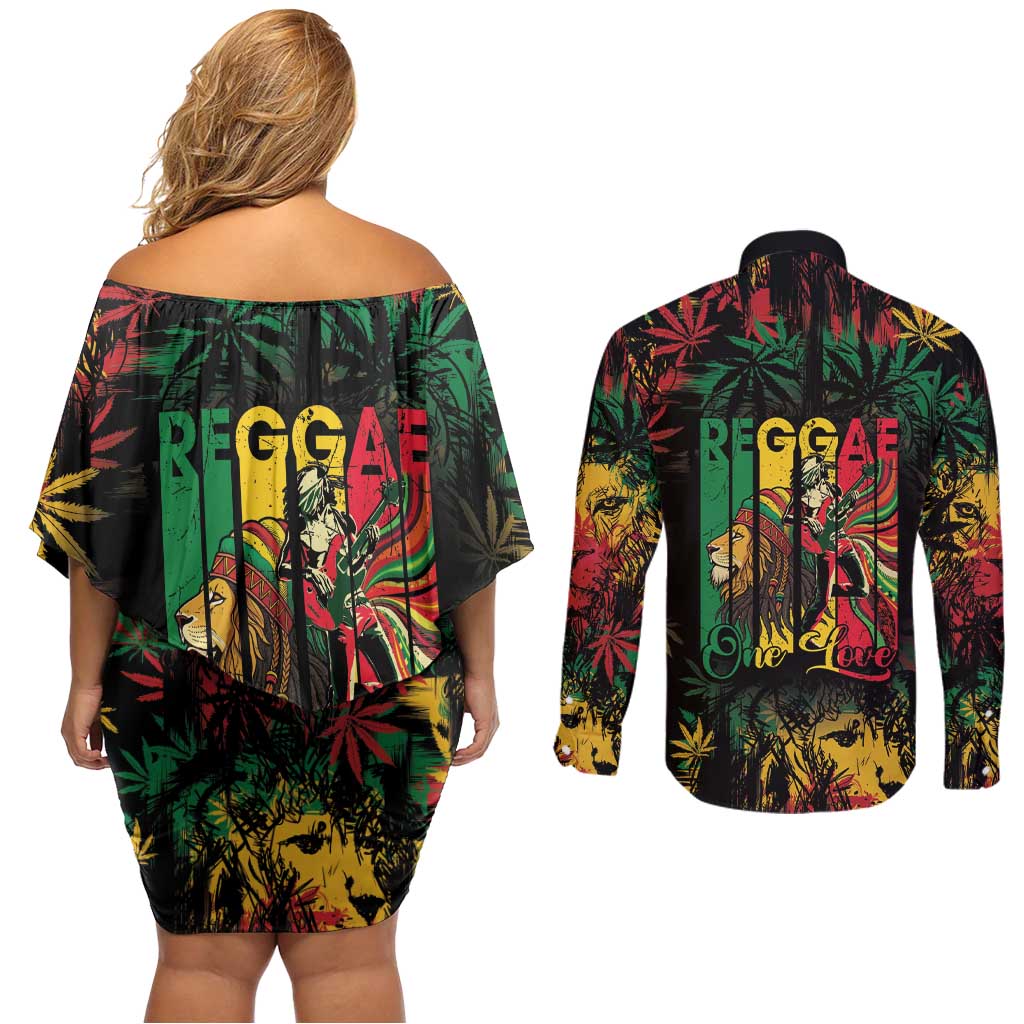 Jamaica Reggae Festival Couples Matching Off Shoulder Short Dress and Long Sleeve Button Shirt One Love Rastafari Culture - Wonder Print Shop