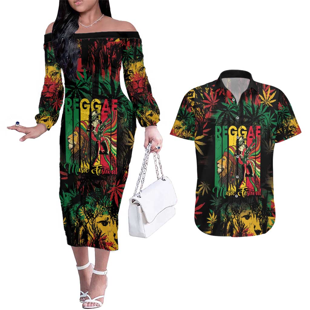 Jamaica Reggae Festival Couples Matching Off The Shoulder Long Sleeve Dress and Hawaiian Shirt One Love Rastafari Culture - Wonder Print Shop