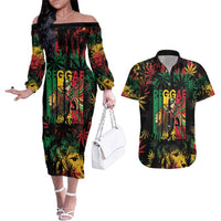 Jamaica Reggae Festival Couples Matching Off The Shoulder Long Sleeve Dress and Hawaiian Shirt One Love Rastafari Culture - Wonder Print Shop
