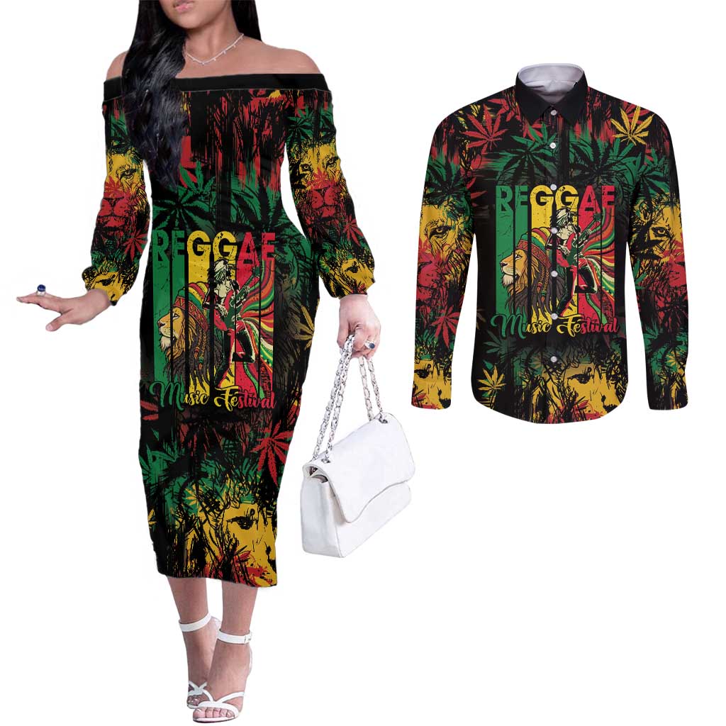 Jamaica Reggae Festival Couples Matching Off The Shoulder Long Sleeve Dress and Long Sleeve Button Shirt One Love Rastafari Culture - Wonder Print Shop
