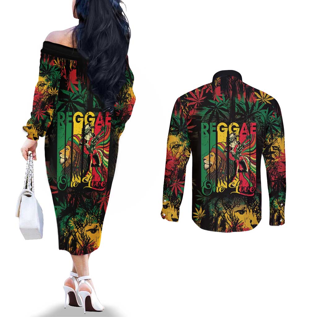Jamaica Reggae Festival Couples Matching Off The Shoulder Long Sleeve Dress and Long Sleeve Button Shirt One Love Rastafari Culture - Wonder Print Shop