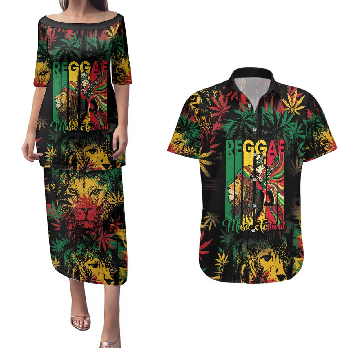 Jamaica Reggae Festival Couples Matching Puletasi and Hawaiian Shirt One Love Rastafari Culture - Wonder Print Shop