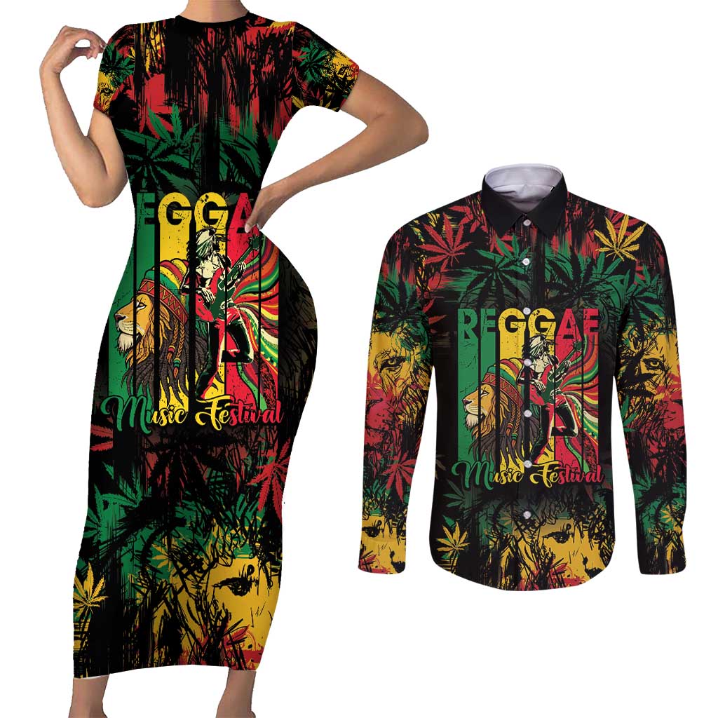 Jamaica Reggae Festival Couples Matching Short Sleeve Bodycon Dress and Long Sleeve Button Shirt One Love Rastafari Culture - Wonder Print Shop