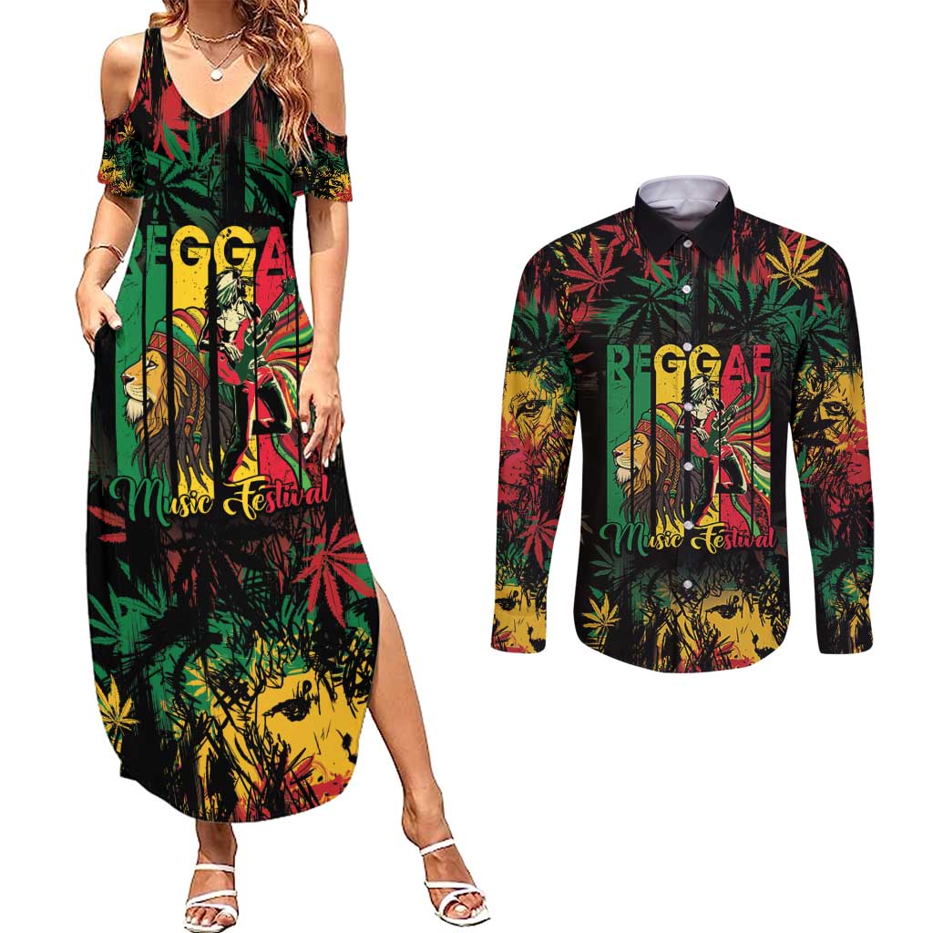 Jamaica Reggae Festival Couples Matching Summer Maxi Dress and Long Sleeve Button Shirt One Love Rastafari Culture - Wonder Print Shop