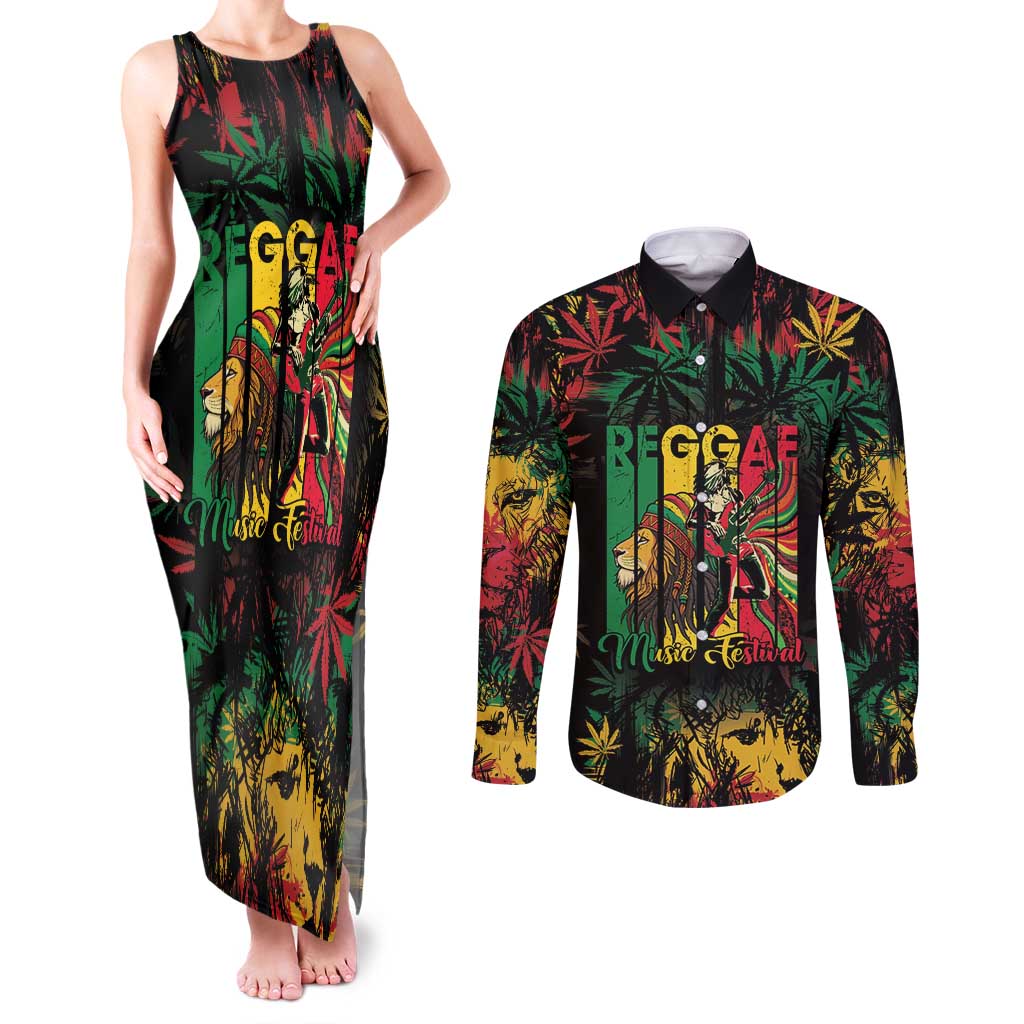 Jamaica Reggae Festival Couples Matching Tank Maxi Dress and Long Sleeve Button Shirt One Love Rastafari Culture - Wonder Print Shop