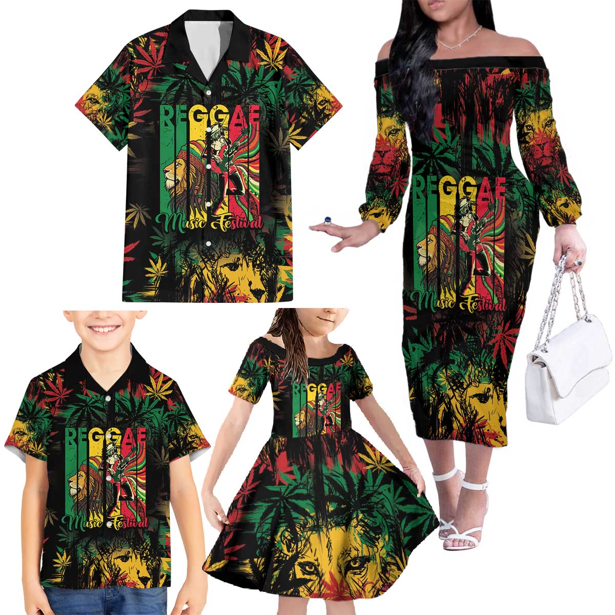 Jamaica Reggae Festival Family Matching Off The Shoulder Long Sleeve Dress and Hawaiian Shirt One Love Rastafari Culture - Wonder Print Shop