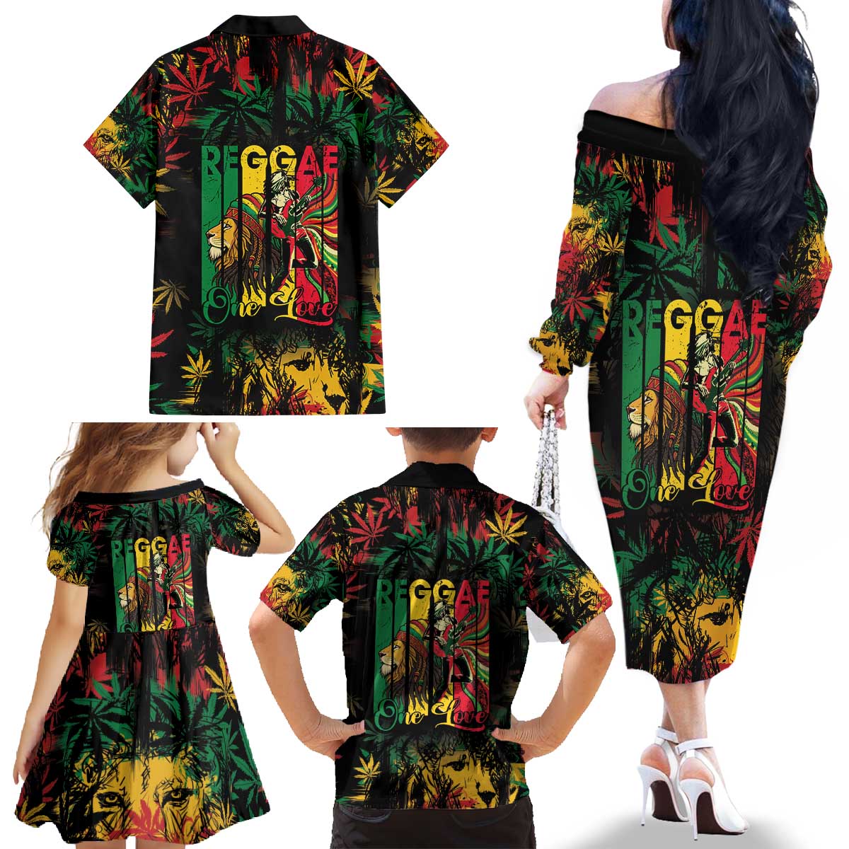Jamaica Reggae Festival Family Matching Off The Shoulder Long Sleeve Dress and Hawaiian Shirt One Love Rastafari Culture - Wonder Print Shop