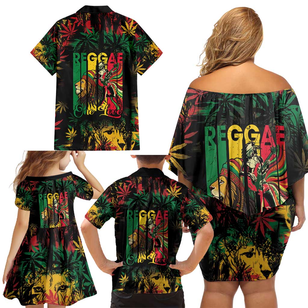 Jamaica Reggae Festival Family Matching Off Shoulder Short Dress and Hawaiian Shirt One Love Rastafari Culture - Wonder Print Shop