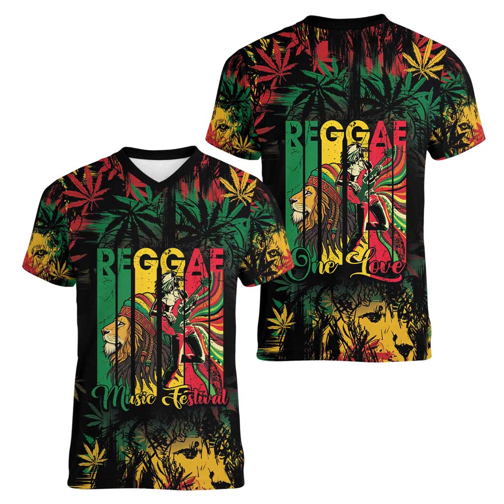Jamaica Reggae Festival Women V-Neck T-Shirt One Love Rastafari Culture - Wonder Print Shop