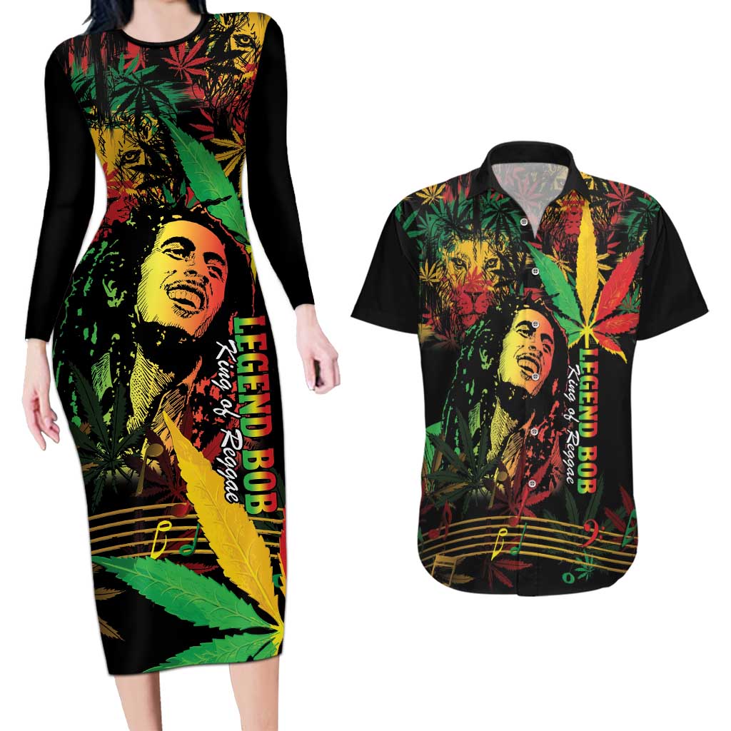 King Of Reggae Legend Bob Couples Matching Long Sleeve Bodycon Dress and Hawaiian Shirt Rasta Cannabis - Wonder Print Shop