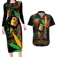 King Of Reggae Legend Bob Couples Matching Long Sleeve Bodycon Dress and Hawaiian Shirt Rasta Cannabis - Wonder Print Shop