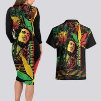 King Of Reggae Legend Bob Couples Matching Long Sleeve Bodycon Dress and Hawaiian Shirt Rasta Cannabis - Wonder Print Shop