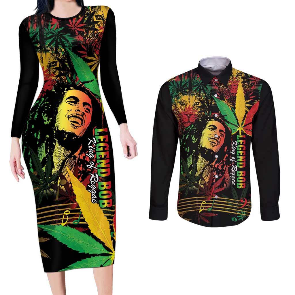 King Of Reggae Legend Bob Couples Matching Long Sleeve Bodycon Dress and Long Sleeve Button Shirt Rasta Cannabis - Wonder Print Shop